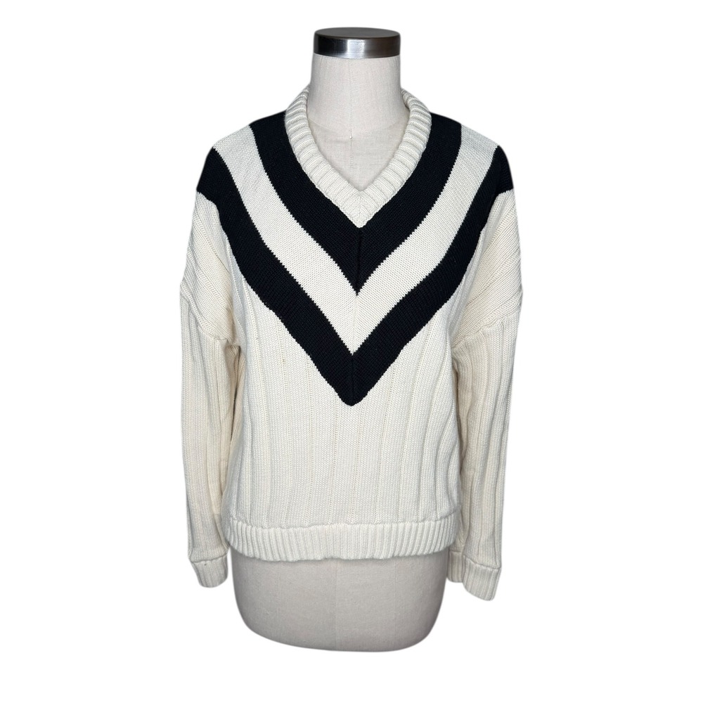 KULE The Yale V-Neck Sweater Cream‎ Chevron Stripe Pullover Women's Size Medium